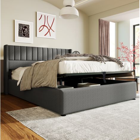 MEUBLIV Lit coffre hydraulique double 180 x 200 cm en lin gris avec tête de lit rembourrée et rangement intégré (1/5)
