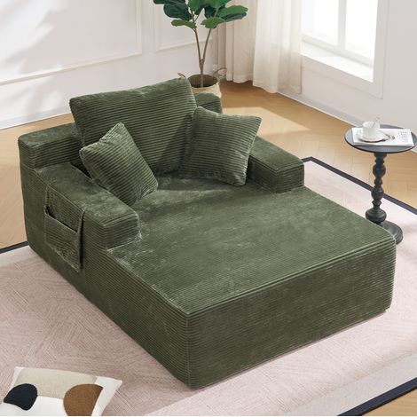 Sofa grün aus Cord mit Seitentaschen und Kissen, kompaktes Liegesofa im Retro-Look für entspanntes Wohnen,110x70x150 cm (1/5)