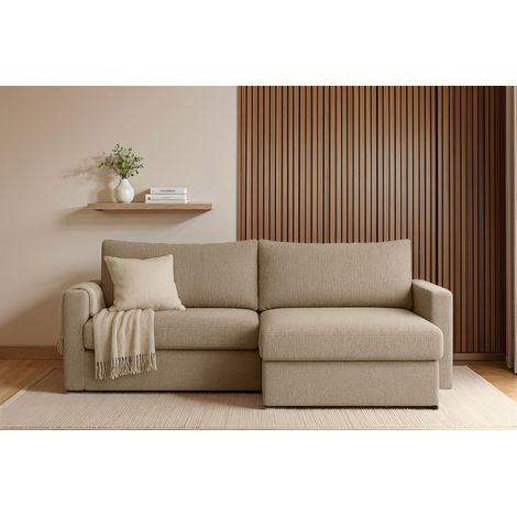 Ecksofa Sofa mit Schlaffunktion BENDIK Stoff Faro Dunkelbeige Ottomane Rechts (1/3)