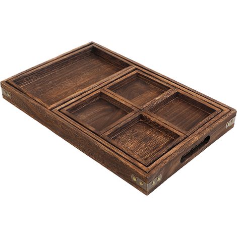 Plateau à thé rectangulaire en bois résistant à la décoloration, style rétro raffiné et renforcé. (1/5)