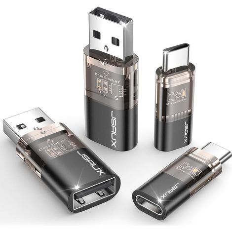 bloqueur de données USB et USB-C, Charge Uniquement, Lot de 4, Noir Bloqueur de données pour charge publique, protection anti juice jacking, prêt à voyager (1/5)