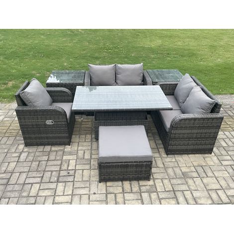 Fimous 6 Seater Rattan Furniture Garden Dining Set Outdoor Height Adjustable Rising lifting Table Love Sofa Chair With 2 Side Tables Big Footstool