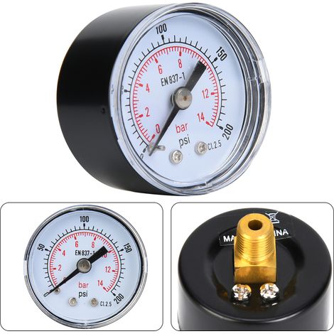 Manomètre mécanique pour air, huile et eau, raccord arrière 1/8 pouce BSPT (0-200 psi 0-14 bar) (1/5)