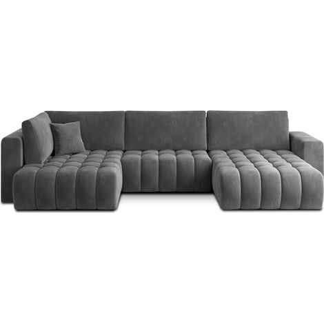 Sofá de esquina BONITA convertible 6 plazas gris oscuro efecto terciopelo – derecho – 350x175cm (1/3)