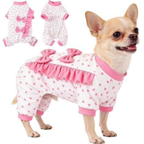 Pyjama pour Chien Combinaison Moelleuse Motif Cœur Rose avec Nœuds Papillon pour Petits Chiens et Chats Vêtement de Nuit Confortable (1/5)