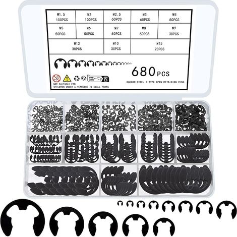 External Circlips, External Retaining Ring Snap C-Clips Kit, Internal E-Clips Circlips Grooved Shaft Studs, M1.5-M15, Black (1/5)
