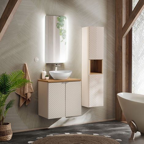 Waschtisch und Hängesäule 60cm Manoa, Kaschmir - Holzoptik