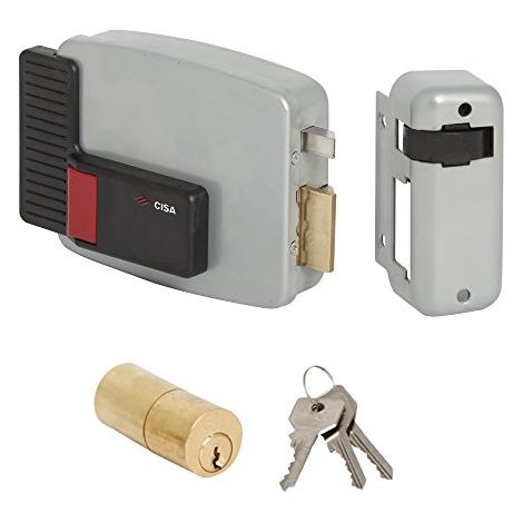 Serratura Elettrica da Applicare CISA 111611701, 12V, Verniciata Grigio Alluminio, Entrata 70 mm, Mano Destra, Cilindro a Tubo, per Legno (1/4)