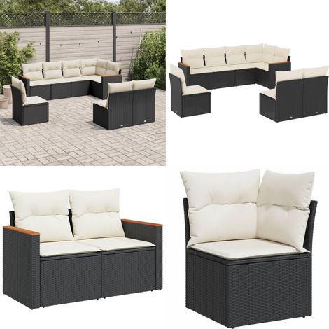 Salon de jardin 8 pcs avec coussins noir résine tressée - Ensemble Salon De Jardin - Mobilier De Jardin - Meubles Extérieur - Salon De Jardin Design - Chaise Longue - Home & Living (1/5)