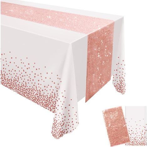 Rechteckige Tischdecke, rechteckige Kunststofftischdecke 137 x 274 cm und Tischläufer 30 x 274 cm, Einweg-Tischdecke aus Kunststoff für Geburtstage, Nachmittagstee (1/5)
