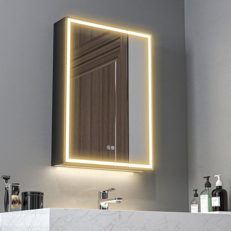 Armoire de toilette avec miroir, éclairage LED intégré, 50 x 70 cm, intensité réglable, antibuée, noire