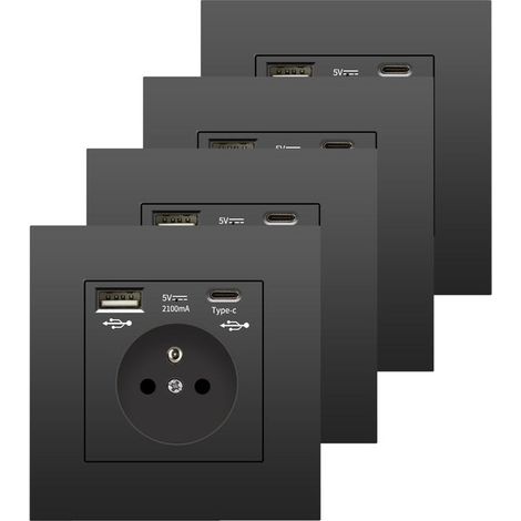 4pcs Wall Socket with USB & Type-C, 5V 2.1A, Schuko AC, Multi Outlet for Smartphone & Tablet (1/5)