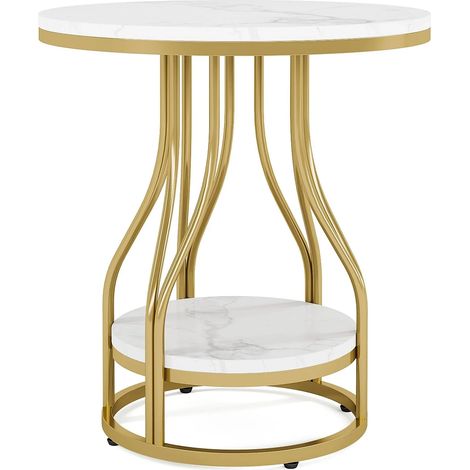 Mesa auxiliar redonda de 2 niveles 50 x 50 x 59 cm blanca y dorada HOMVRA (1/5)