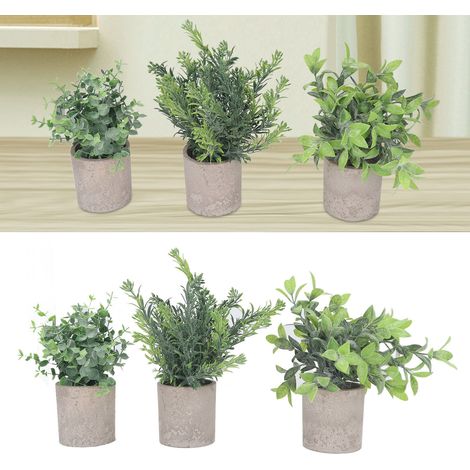 Set aus 3 künstlichen Eukalyptus-Bonsai-Bäumen im Topf, zur Dekoration von Wohnung, Büro und Schlafzimmer. (1/5)