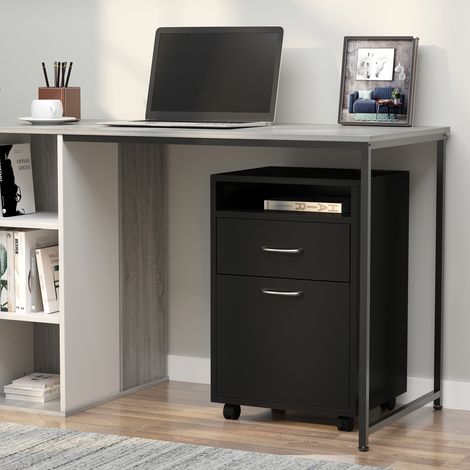 Caisson de bureau rangement bureau sur roulettes tiroir placard niche panneaux particules noir - Modèle