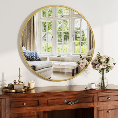 Miroir mural rond, 75 cm de diamètre, miroir salle de bain, cadre aluminium renforcé incassable, style moderne, pour entrée et chambre, doré