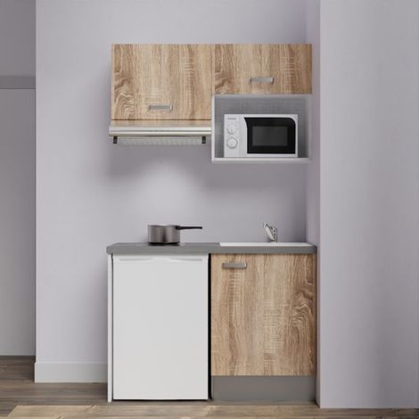 Kitchenette K02L-PT - 120 cm avec plan de travail et évier - emplacements frigo, hotte et micro-ondes - Façade Bois - Plan Gris béton - Evier Inox - Crédences Non (1/5)