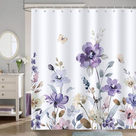 Watercolor Purple Flowers and Leaves Shower Curtain, Bath Curtain, Polyester Fabric, Anti-Mold, Waterproof, Washable, Bathroom Curtain 180 x 180 cm with 12 Hooks for Bathtub (1/5)