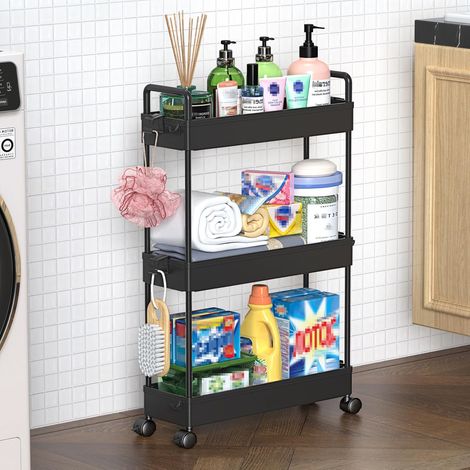 Chariot Rangement 3 Étagères - 1 Unité - Plastique et Acier - Mobile avec Roues - Cuisine Salle de Bain - Noir 13x40x61cm (1/5)
