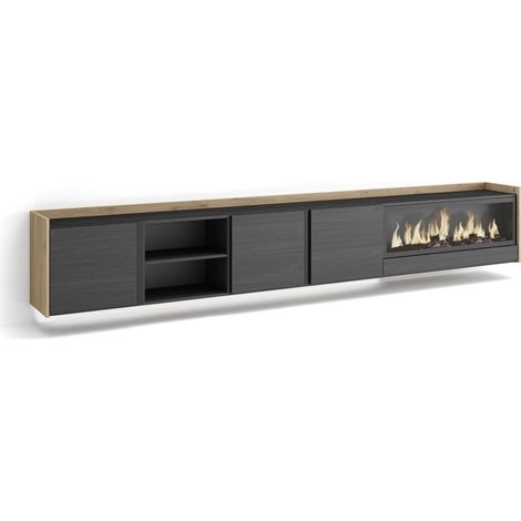 Skraut Home - Mueble TV, Televisión, Muebles de salón, almacenaje, 315x35x50cm, Para TV hasta 80", Chimenea eléctrica XXL, Colgado, Suspendido, LED, Estilo Moderno, Negro y roble (1/5)