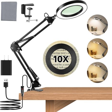 Loupe 10X avec lumière et support, lampe loupe avec 3 modes de couleur et 10 LED à intensité variable, loupe de table 10x avec pince, loupe de lecture pour artisanat, lecture, couture, bijoux (1/5)