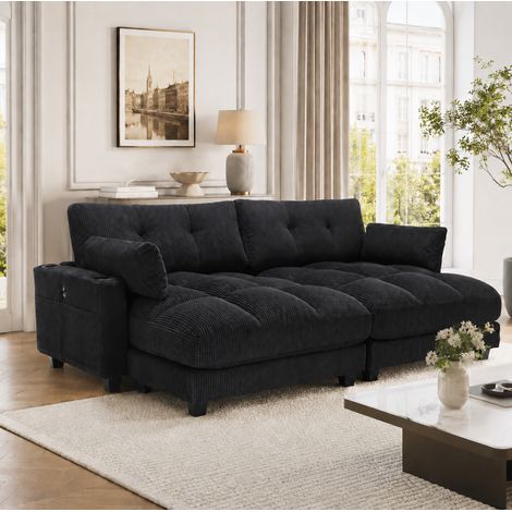 Sofá de 2 plazas (224x140x81 cm), modular en 2 sillones, con 4 posavasos y 4 bolsillos laterales, tejido de pana negro (1/5)