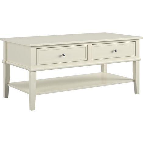 Table basse fixe 2 tiroirs en mélaminé blanc – Surface lisse et facile à entretenir – Pieds en bois massif – Capacité de charge 35 kg – Dorelhome (1/5)