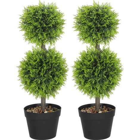Set mit 2 künstlichen Pflanzen, 60 cm große Buchsbaumkugeln im Topf, grün