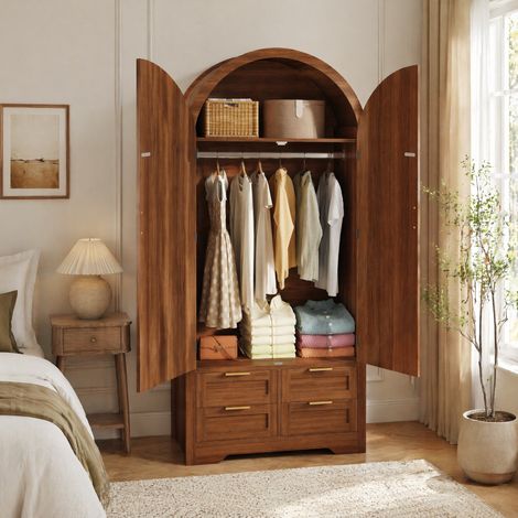 2-türiger Kleiderschrank mit Rundbogen, Kleiderstange, Regalen und Schubladen, MDF, Walnuss HAVRYA (1/5)