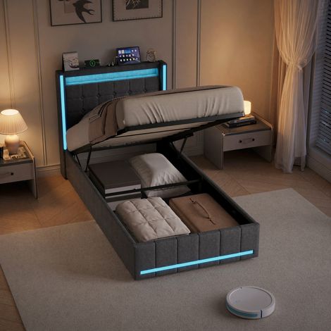 lit coffre 90 x 200cm, lit simple, avec port USB et LED, Sommier à Lattes, Coffre de rangement, Lit Rembourré, Gris, lin (1/5)