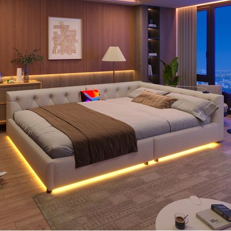 Schlafsofa Leinen Beige 140x200 cm mit Lattenrost, LED-Beleuchtung, USB und Type-C (1/5)
