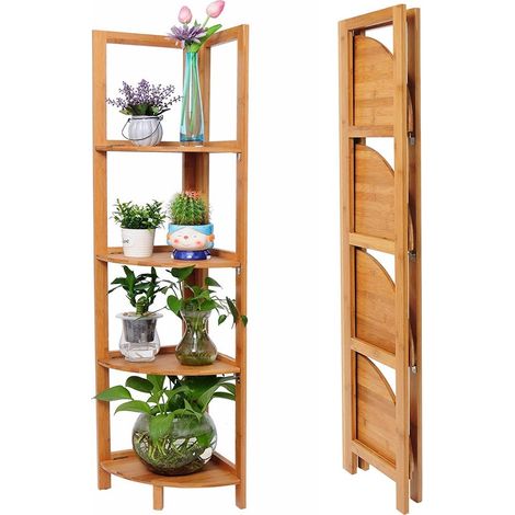 Libreria Scaffale Angolare Pieghevole 4 Ripiani Legno Bambu Mobile Angoliera (1/5)