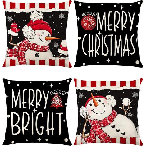 Fundas de cojín decorativas navideñas, 45x45 cm, juego de 4, estilo vintage, lino, estampado de muñeco de nieve a rayas rojas, blancas y negras. (1/5)