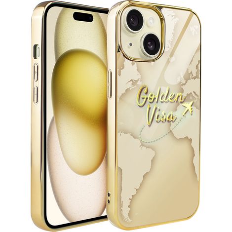 Funda ibizu Elite Glass 3D para iPhone 15, parte trasera de cristal, mapa del mundo dorado con inscripción Golden Visa, dorado (1/5)