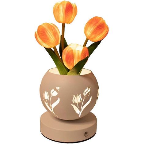 Lampe de table artificielle tulipe avec vase découpé, chargement USB, 3 couleurs, intensité lumineuse réglable, adorable lampe de table (1/4)