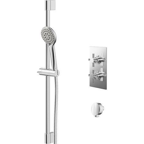 Cross Polished Chrome Twin Thermostatic Valve Mixer Shower with Avon Slide Rail Kit and Round Shower Elbow - 1 Outlet (1/5)