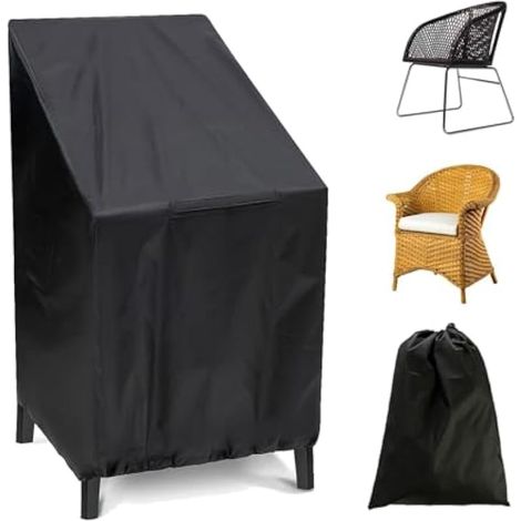 Housse de Chaise de Jardin, 210D Tissu Oxford Couverture de Chaise, 65 x 65 x 120 cm Couverture de Chaise Empilable avec Cordon de Serrage, pour les Fauteuils, les Chaises de Balcon, Noir (1/4)