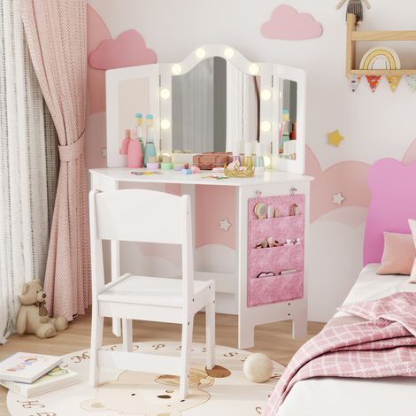 Coiffeuse enfant 2 en 1 avec tabouret miroir triptyque et lumières LED bicolores 93,6 x 48,5 x 111,5 cm blanc (1/5)