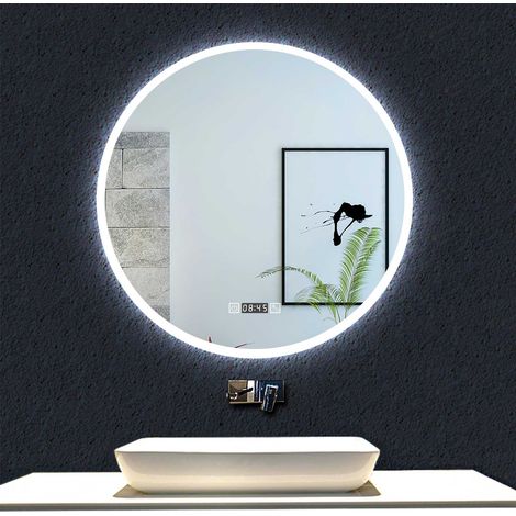 Acezanble Miroir Lumineux de Salle de Bain Rond 80cm avec Horloge + 3 Couleurs + Dimmable + Anti-buée, Miroir Mural LED, Miroir de Salle de Bain Réglable avec Éclairage