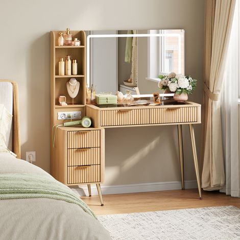WOLTU Schminktisch Kosmetiktisch mit Beleuchtung, transparenter Glasplatte, Schubladen, 9 Unterteilung, Steckdosenleiste, Seitenschrank und 3 Fächern, für Schlafzimmer, Gelbe Holzoptik (1/5)