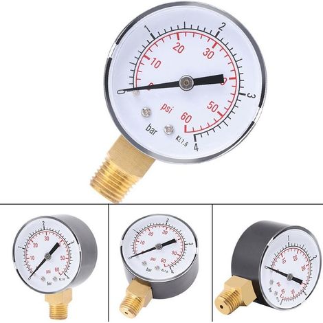 Manomètre double échelle 0-4 bar / 0-60 psi – montage inférieur 1/4" NPT – eau / essence / air / huile (1/5)