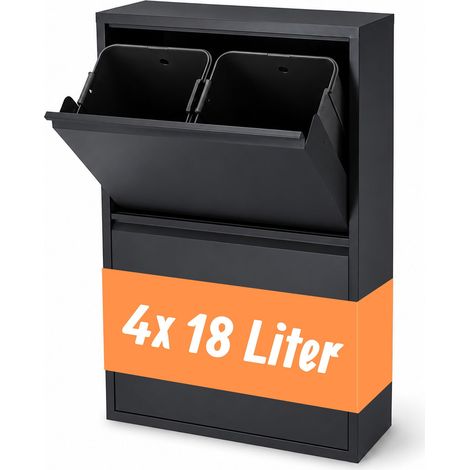 Relaxdays Mülleimer, 4 Fächer, 4x18 l, aufklappbar, entnehmbare Inneneimer, Metall, stehend oder Wandmontage, schwarz (1/5)