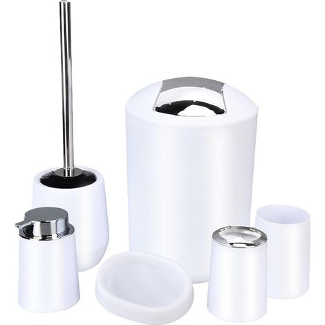 Ensemble Accessoires Salle de Bain 6 Pièces - ABS Blanc - Design Moderne - Poubelle et Brosse Inclus - Pour Maison et Hôtel (1/5)