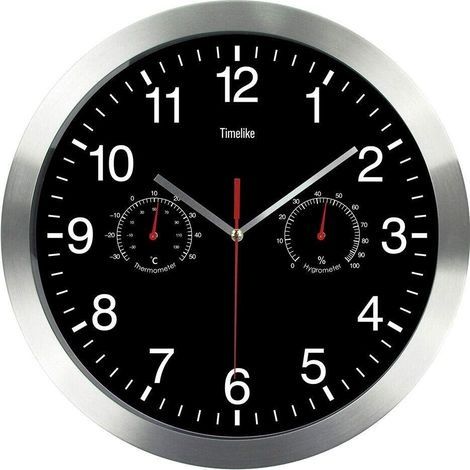 Quartz Ronde Horloge Murale, Aluminium Silencieuse Intérieur Murale Horlog vec Thermomètre Et Hygromètre pour Salon Cuisine Bureau (Noir) (1/5)