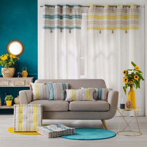 Rideau a oeillets Pompons 140x240cm Nature-Line jaune (1/4)