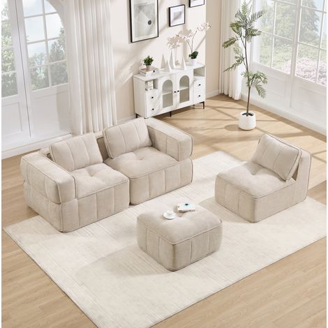 Sofá rinconera modular de 3 plazas con 1 puf, 271 x 162 x 67 cm, poliéster beige DESVIAE (1/5)
