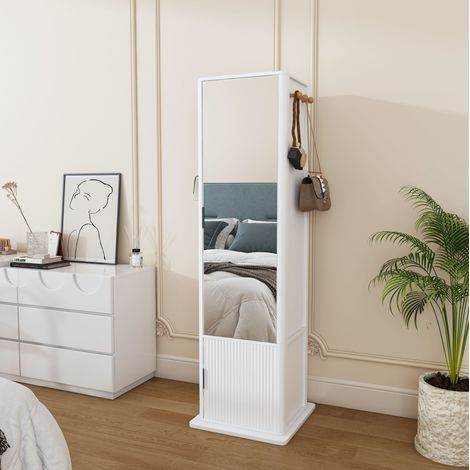 Armoire miroir pivotante 360° 50x50x170 cm avec rangement bijoux, étagères et crochets, MDF - blanc (1/5)