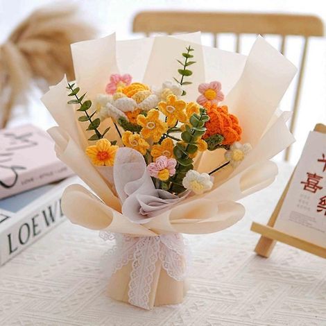 Handgestrickter künstlicher Blumenstrauß mit Geschenkpapier, ideal für Hochzeiten, handgefertigte Blumendekorationen, romantische Geschenke, Partys, Geburtstage und Tischdekorationen.