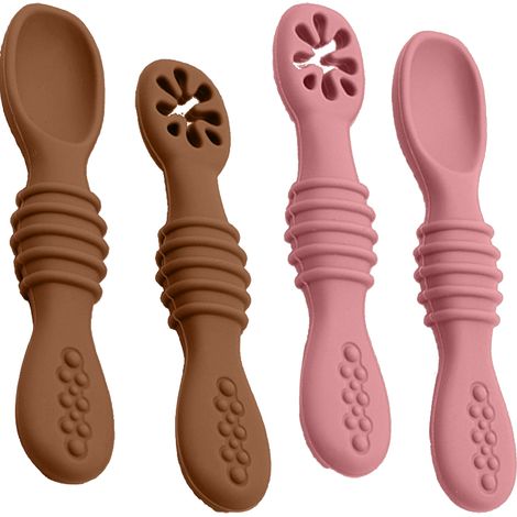 Lot de 2 cuillères d'apprentissage adhésives en silicone pour enfants - Marron + Rose
