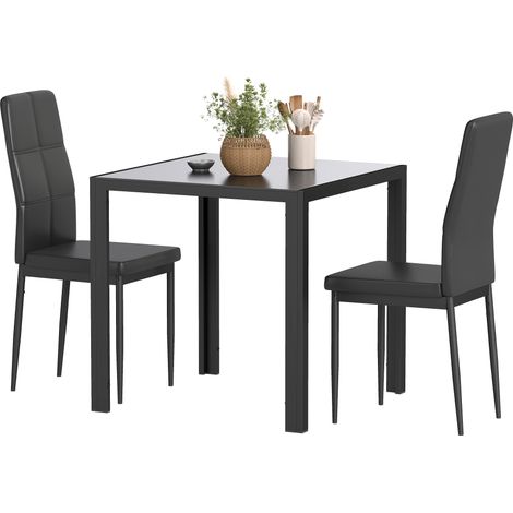 Ensemble table à manger et chaises pour 2 personnes, plateau rectangulaire en verre, pour cuisine salon maison, noir